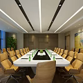 Modern Conference Room Interior With Long Table Yellow Chairs Large Windows Green Plant And Wall Art