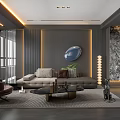 Modern Living and Dining Room Interior Design With Gray Sofa Marble Wall Warm Lighting And Polished Floor