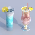 Blue And Pink Refreshing Drinks With Lemon Slices Ice Cubes And Straw In Glasses