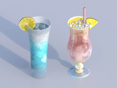 Blue And Pink Refreshing Drinks With Lemon Slices Ice Cubes And Straw In Glasses 3d model