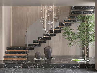 Modern Marble Staircase Interior With Chandelier Green Plant And Vases 3d model