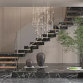 Modern Marble Staircase Interior With Chandelier Green Plant And Vases