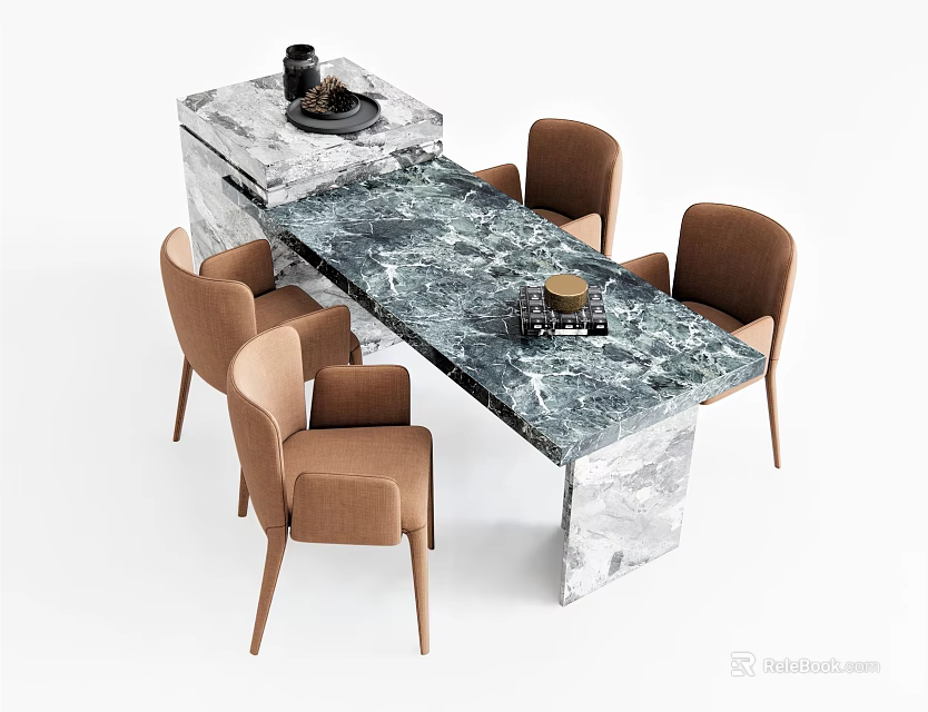 Modern Dining Table Set With Marble Tabletop And Brown Chairs And Decorative Items 3d model