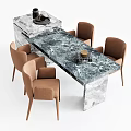 Modern Dining Table Set With Marble Tabletop And Brown Chairs And Decorative Items 3d model