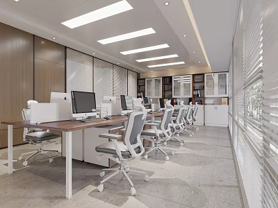 Open Office Interior Design With Wooden Walls Desks Computers And Window Blinds 3d model