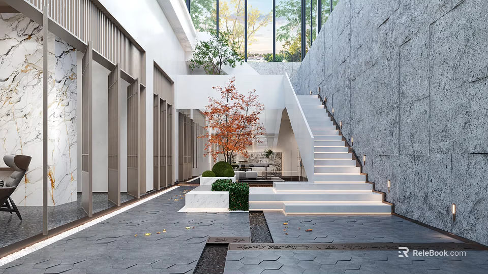 Modern Garden Landscape Design With White Steps Red Leaf Tree Trimmed Shrubs And Stone Wall 3d model 