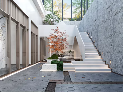 Modern Garden Landscape Design With White Steps Red Leaf Tree Trimmed Shrubs And Stone Wall 3d model