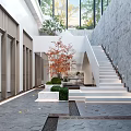 Modern Garden Landscape Design With White Steps Red Leaf Tree Trimmed Shrubs And Stone Wall