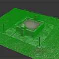 Ancient Stone Pool Structure With Square Design And Surrounding Fence Posts On Grass 3d model