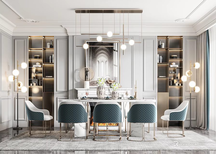 Elegant Modern Restaurant Interior Design With Pendant Lights Dining Table And Decorative Mirrors 3d model 