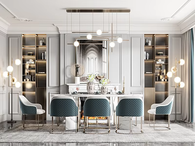 Elegant Modern Restaurant Interior Design With Pendant Lights Dining Table And Decorative Mirrors 3d model