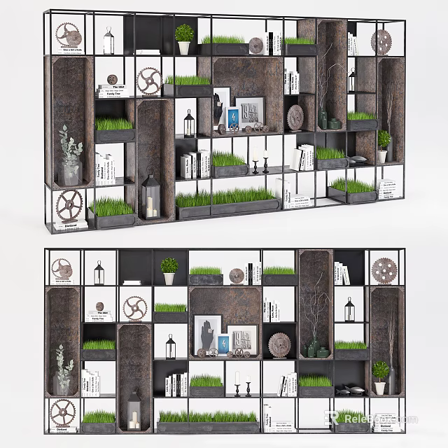 Modern Bookshelf Design with Multiple Shelves Green Plants Photo Frames and Decorative Items 3d model 