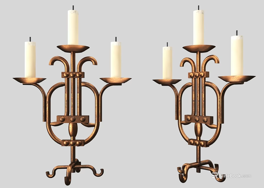 Vintage Brass Candle Holders With Three White Candles And Ornate Metal Base 3d model 