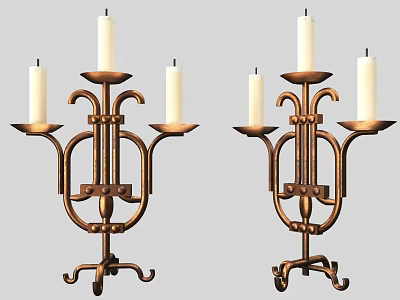 Vintage Brass Candle Holders With Three White Candles And Ornate Metal Base 3d model