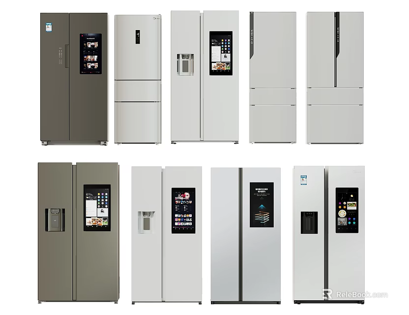 Various Styles of Modern Refrigerators and Freezers in Gray and White for Home Kitchen 3d model 