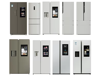 Various Styles of Modern Refrigerators and Freezers in Gray and White for Home Kitchen 3d model