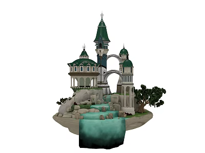 Historic Ancient Architecture With Green Spires Domes Arched Gateway Flowing Water And Trees 3d model