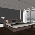 Modern Bedroom Interior With Leather Bed Wooden Floor Gray Walls And Window Blinds
