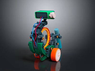 Green Model Motorcycle with Orange Wheels Blue Red Wires and Mechanical Structure 3d model