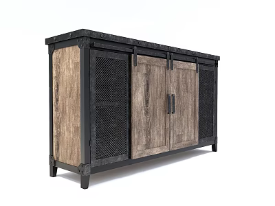 Industrial Wooden Console Cabinet With Metal Mesh Doors And Storage Space 3d model