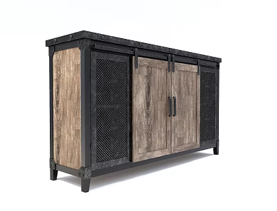 Industrial Wooden Console Cabinet With Metal Mesh Doors And Storage Space 3d model