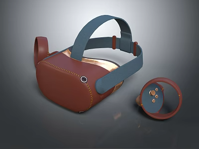 VR Headset Case With Brown Blue Design Stitching Details And Circular Controller 3d model