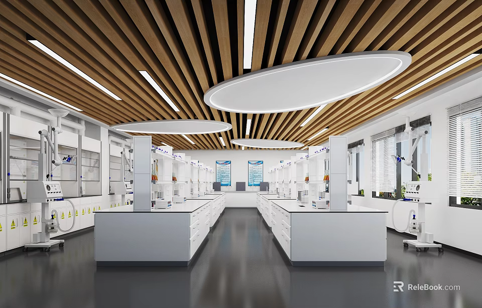 Modern Laboratory Interior With White Benches Wooden Ceiling Circular Lights And Cabinets 3d model 