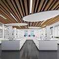 Modern Laboratory Interior With White Benches Wooden Ceiling Circular Lights And Cabinets