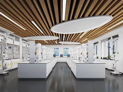 Modern Laboratory Interior With White Benches Wooden Ceiling Circular Lights And Cabinets 3d model
