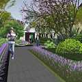 Residential Landscape With Lush Trees Lawn Pathway And Seating Area With Umbrella