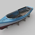 Traditional Wooden Boat with Blue Brown Hull Classic Design and Wooden Seats on Stands