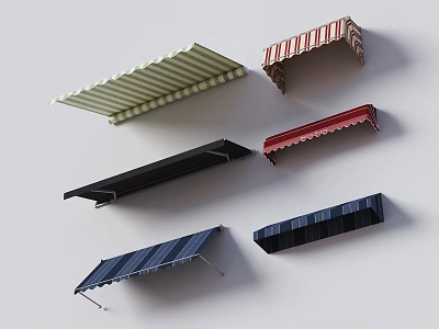 Stylish Outdoor Awnings In Multiple Colors With Striped And Plain Patterns 3d model