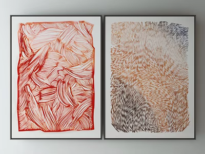 Abstract Paintings With Red White Orange Brown Gray Textured Design In Black Frames On Wall 3d model