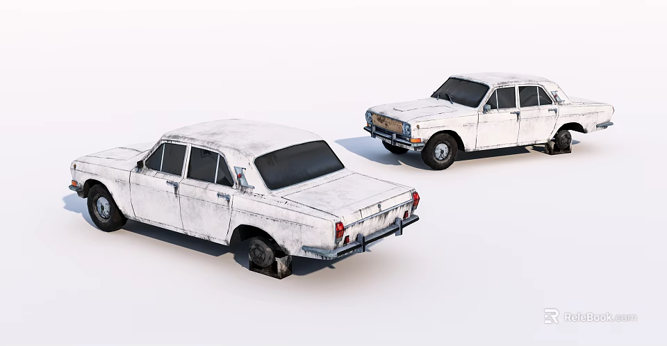 Two White Old Worn Rusty Vintage Cars Against White Background 3d model 