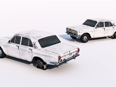 Two White Old Worn Rusty Vintage Cars Against White Background 3d model