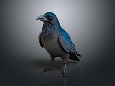 Realistic Blue Gray Crow With Blue Eyes Standing Against Dark Background 3d model