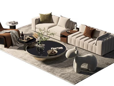 Beige Sofa and Coffee Table Set with Cushions Green Plant Decorative Sculpture on Light Rug 3d model