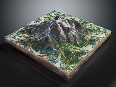 3D Square Terrain Model Featuring Mountain Peaks Green Vegetation And Valleys 3d model