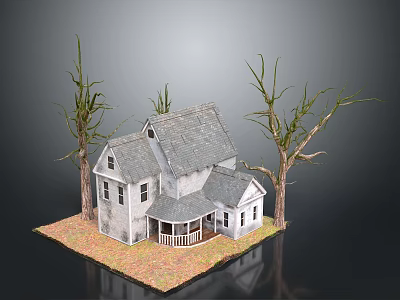 Vintage White Model House With Gray Roof Porch And Leafless Trees On Dry Ground 3d model
