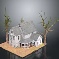 Vintage White Model House With Gray Roof Porch And Leafless Trees On Dry Ground