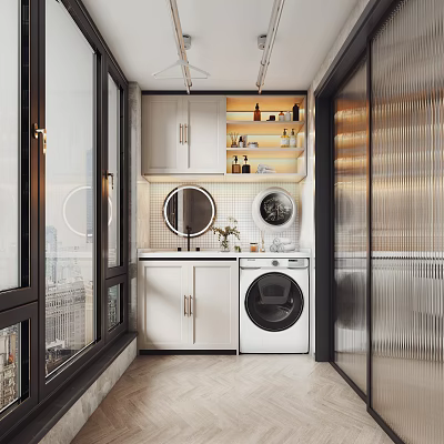 Modern Home Balcony Laundry Area With Washing Machine Cabinets Herringbone Floor And Mirror 3d model