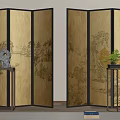 Traditional Chinese Screen Featuring Landscape Painting Wooden Frame Pedestal Table Sculpture And Potted Plant
