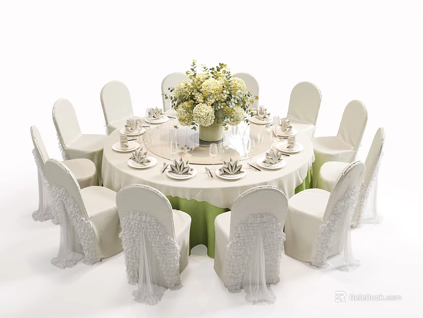 Elegant Round Dining Table Set With White Chair Covers Flower Vase And Tableware 3d model 