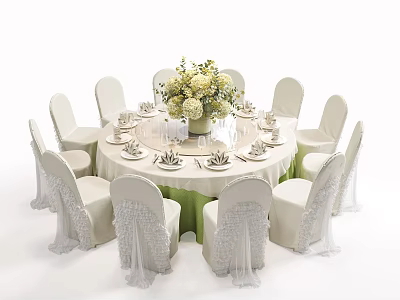 Elegant Round Dining Table Set With White Chair Covers Flower Vase And Tableware 3d model