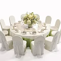 Elegant Round Dining Table Set With White Chair Covers Flower Vase And Tableware 3d model