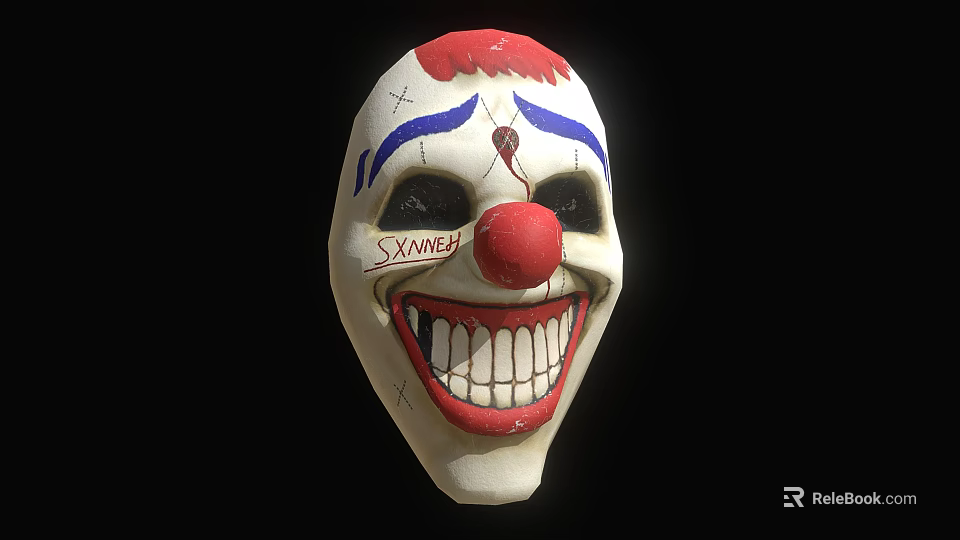 Clown Mask With White Face Red Nose Blue Eyebrows X Marks SINNER Text Grinning Teeth 3d model 