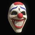 Clown Mask With White Face Red Nose Blue Eyebrows X Marks SINNER Text Grinning Teeth