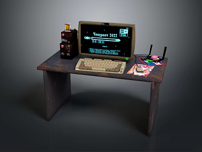 Office Desk with Laptop Showing Warrior 2024 OLD Screen Keyboard Red Device and Cables 3d model