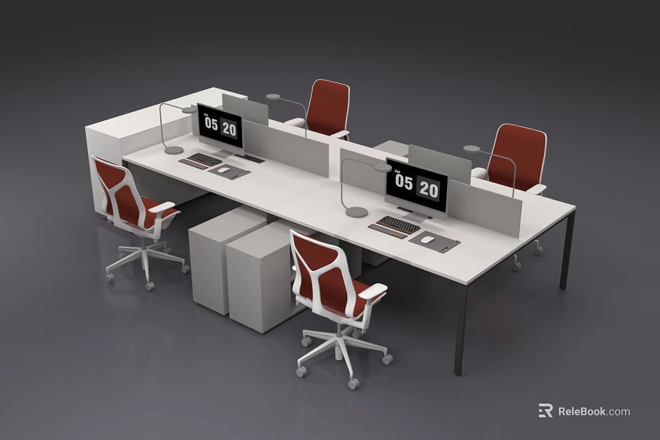 Modern Office Desk With Partitioned Workstations Red Ergonomic Chairs Computer Monitors And Storage Cabinets 3d model 