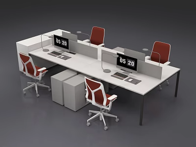 Modern Office Desk With Partitioned Workstations Red Ergonomic Chairs Computer Monitors And Storage Cabinets 3d model